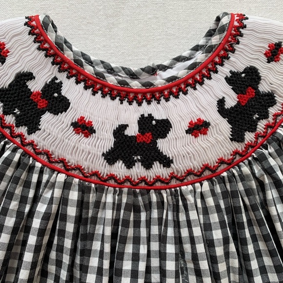 Marmellata Smocked Rickrack Gingham Dress Scottie Dogs, Black, White, Red, 3T - Picture 2 of 12